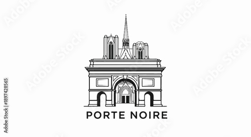 Stylized black and white sketch of a grand archway with gothic spires and text below