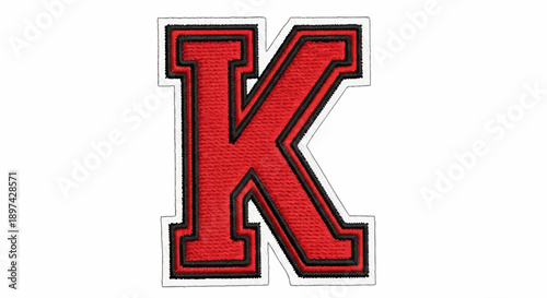 Embroidered red letter K with black and white borders, isolated on white