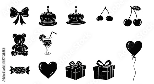 Black and white illustrations of sweets gifts and celebratory items
