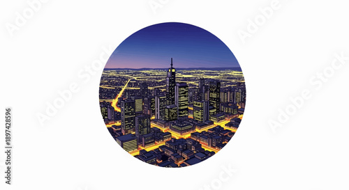 A vibrant, circular illustration depicts a bustling city skyline at twilight, with numerous illuminated skyscrapers and glowing streets