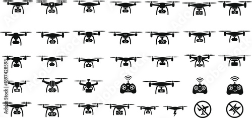 Drone icon set showing quadcopter UAV symbols, remote controller, wireless signal, no drone sign, aerial technology elements isolated on white background illustration