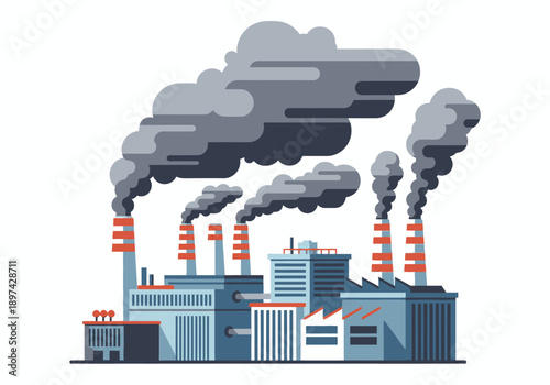 Industrial factory with smoke billowing from smokestacks, symbolizing pollution and environmental impact
