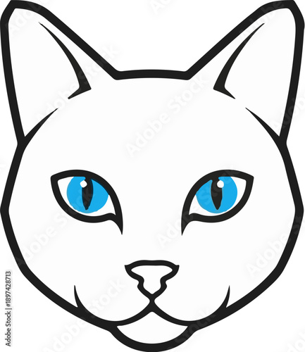A stylized, minimalist white cat face with bright blue eyes and sharp black outlines