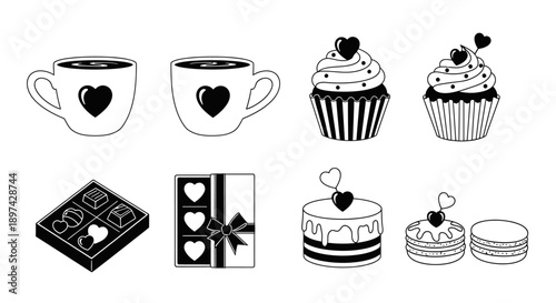 Black and white illustration of coffee cupcakes chocolates and heart shaped treats