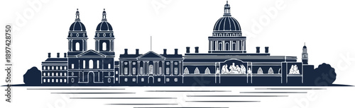 Stylized silhouette of a grand neoclassical architectural complex with domes and columns