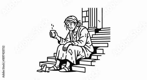 Sad person sits on steps with cup and coins at feet, worn clothing