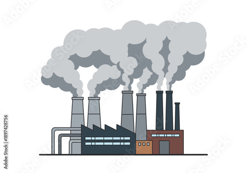 Industrial factory with multiple smoking chimneys releasing emissions into the atmosphere, illustrating pollution