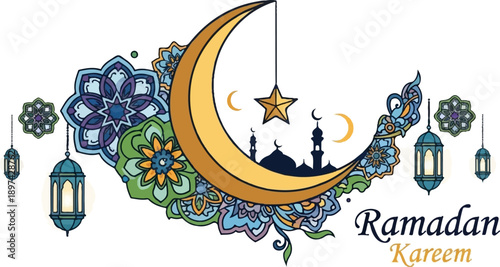 Golden crescent moon, star, Islamic mosque silhouette, lanterns, and floral patterns adorn this festive greeting