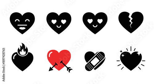 Collection of black heart icons depicting various emotional states