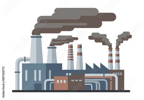 Industrial factory with smoke coming out of chimneys, representing pollution and environmental impact