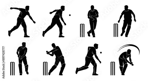 Silhouettes of cricketers in various action poses during a match