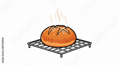 A cartoon of a freshly baked round loaf of bread with steam rising, cooling on a rack