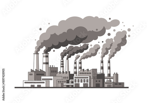 Industrial factory with smoke coming from chimneys, representing pollution and environmental impact