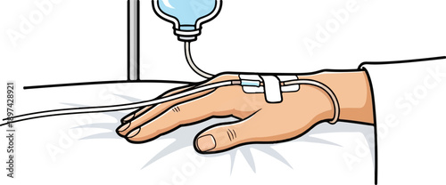 Hand receiving an intravenous drip from a medical bag on a stand