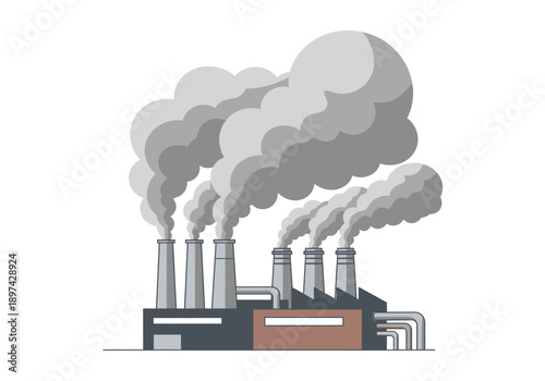 Illustration of a factory with smoke billowing from its chimneys, symbolizing industrial pollution and environmental impact