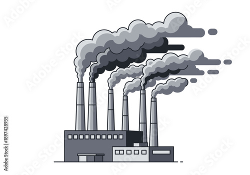 Industrial factory with smoke billowing from chimneys, representing pollution and environmental impact