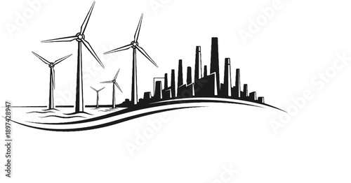 Wind turbines and a stylized industrial city skyline under a curved horizon