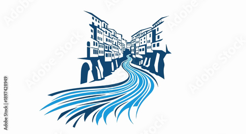 Stylized ink drawing of a narrow street with buildings flanking a flowing river below