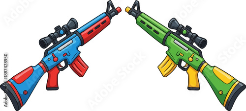 Two cartoon rifles, one blue and red, the other green and yellow, are positioned diagonally