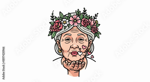 Grandma blowing kisses with a floral crown and hearts