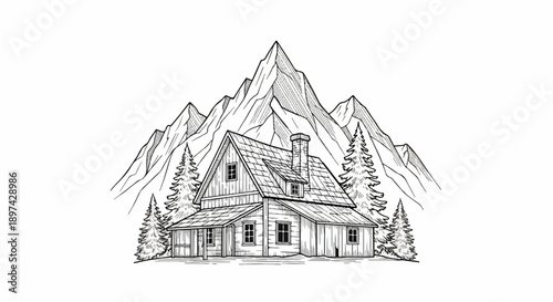 Rustic log cabin nestled amidst majestic mountains and evergreen trees