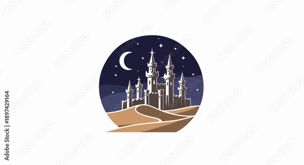 Obraz premium A stylized medieval castle stands tall atop sand dunes under a starry night sky with a crescent moon