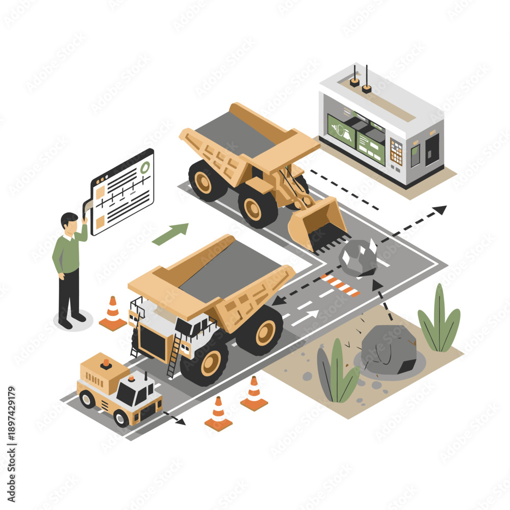 Obraz premium Construction site with autonomous dump trucks and control center.