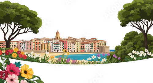 Colorful seaside town with flowers and trees