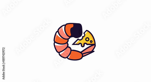 A stylized, cartoonish shrimp curls around a wedge of Swiss cheese with holes