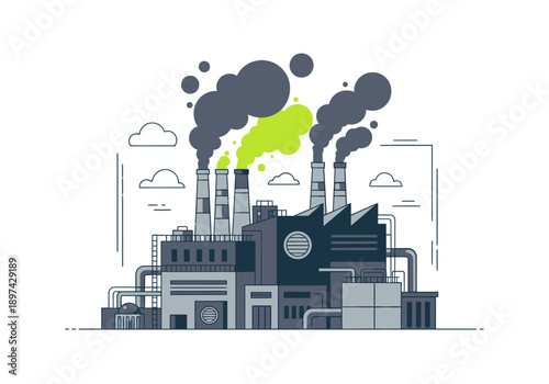 Industrial factory with smoke emitting from chimneys symbolizing pollution and environmental impact