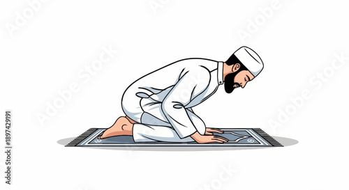 Man in white Islamic attire praying on a patterned rug