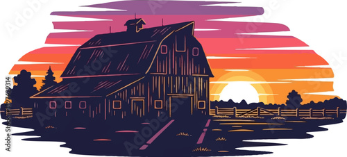 A rustic barn stands against a vibrant sunset with layered orange, pink, and purple hues