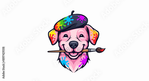 A joyful pink dog wearing a rainbow paint-splattered beret and holding a paintbrush