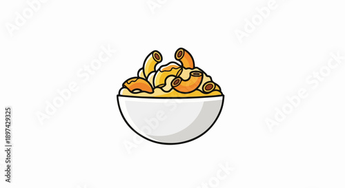 A stylized illustration of a bowl filled with macaroni and cheese, presented on a white background