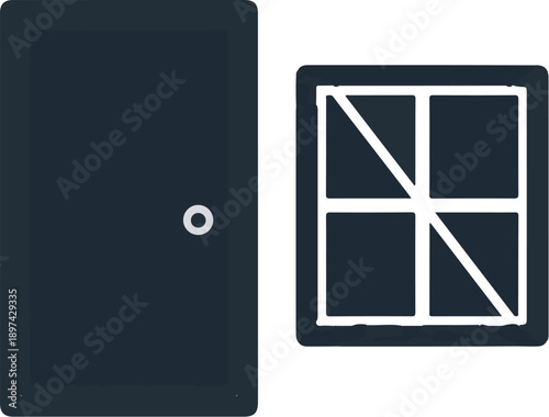 A simple, dark gray door with a circular handle sits beside a square window pane