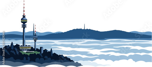 Pixelated landscape with two tall communication towers on a rocky hill above a foggy valley and distant mountains