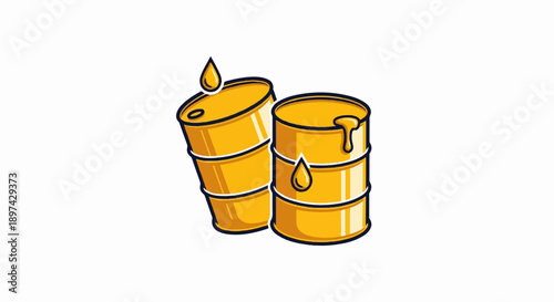 Two yellow oil drums with dripping liquid and drops above, isolated on white background