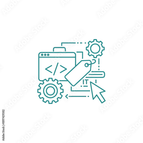 An illustration depicts coding process on computer screen with gears and cursor.