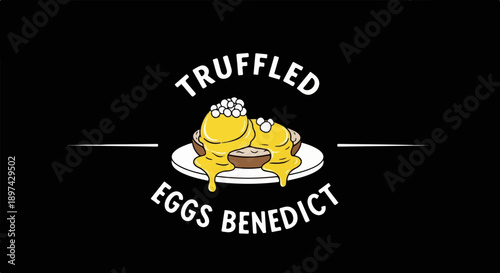 A cartoon-style drawing of truffle eggs Benedict, drizzled in rich yellow sauce