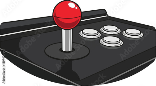A classic joystick with a red ball top, and four white buttons on a black controller