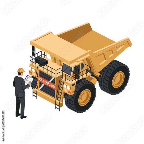 Man in suit inspecting large yellow mining dump truck.