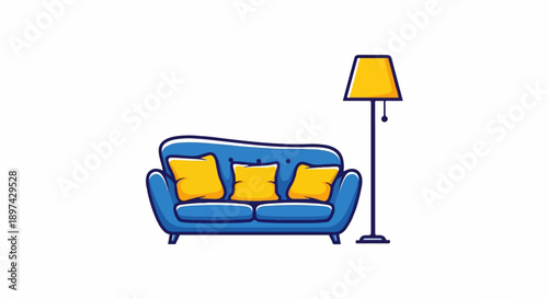A blue cartoon sofa with three yellow cushions sits beside a floor lamp