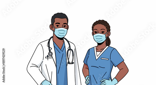 Diverse medical professionals, a man and woman, stand side-by-side wearing masks and scrubs