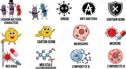 A collection of cartoon-style medical and biological illustrations, including various germs and cells