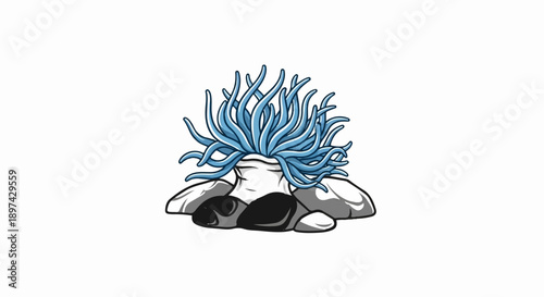 A vibrant blue anemone gracefully sways its tentacles amongst grey and black rocks