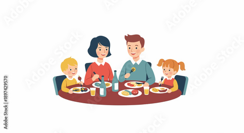 A happy cartoon family of four enjoys a meal together around a table
