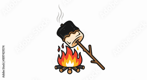 Cartoon marshmallow on a stick roasting over a campfire with smoke