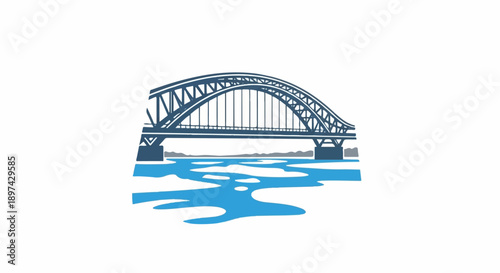 A steel arch bridge spans a river with ice floes