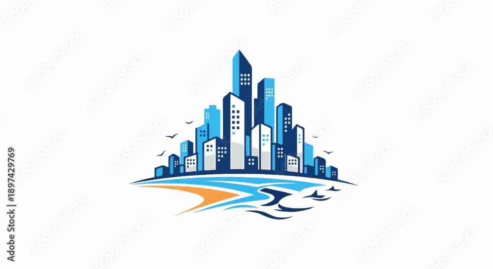 Obraz premium Stylized coastal city skyline with abstract water elements and flying birds