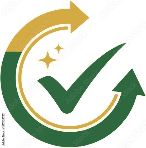 Green and gold circular arrow with a checkmark and stars inside